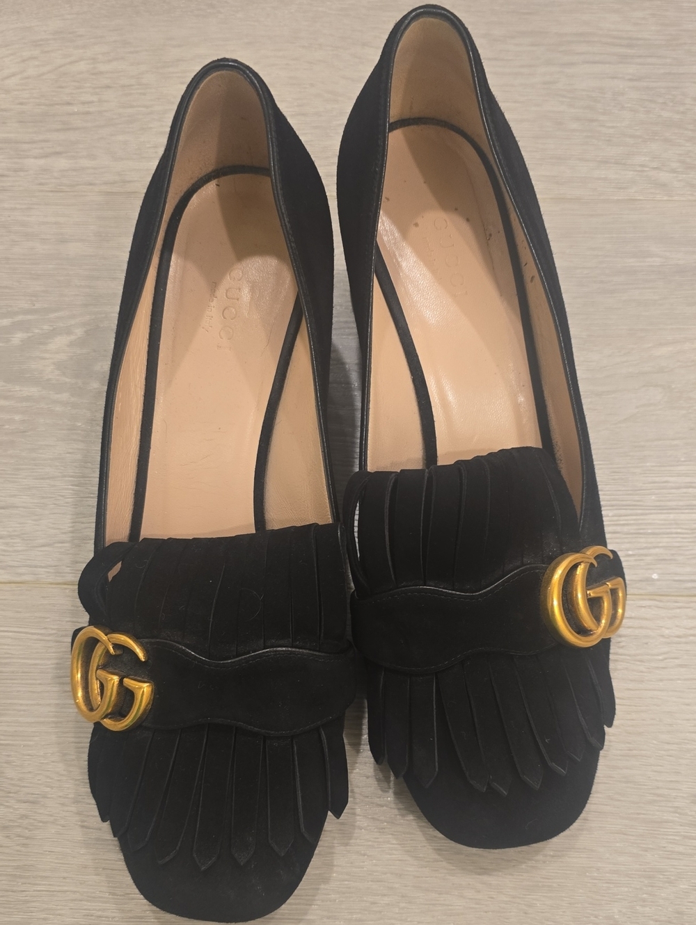Gucci Black Suede Loafers with Gold Double G Fringe